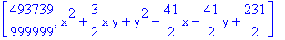 [493739/999999, x^2+3/2*x*y+y^2-41/2*x-41/2*y+231/2]